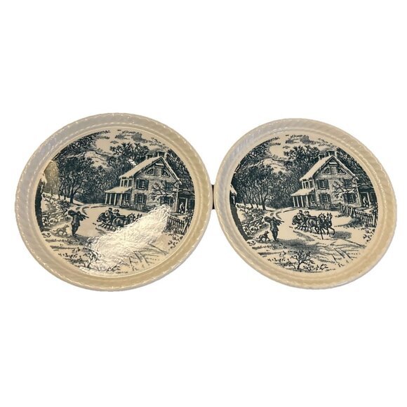 Royal China Currier and Ives Pair of Two Sleigh Ride 7.75" Dessert Plates Blue - Picture 1 of 5